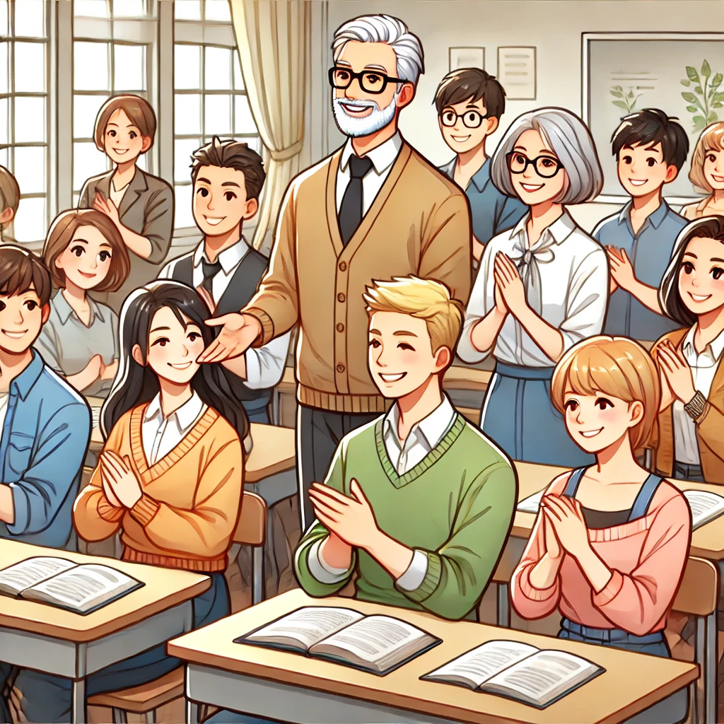 DALL·E 2024-07-05 14.29.53 - A joyful classroom scene with adult students being taught by an adult teacher, set in a Western country. The students are Caucasian, and the